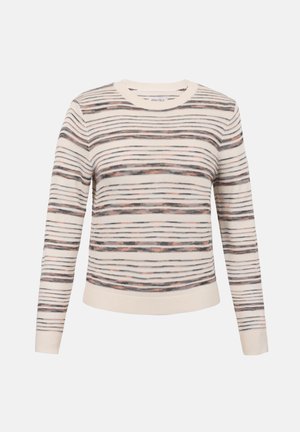 Langærmet cremefarvet sweater med vandrette sorte, grå og lysebrune striber, ribstrikkede manchetter, krave og kant.