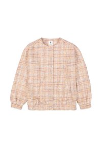 Boucle-jack in perzik met kleurrijke weving. Ronde kraag, met drukknoopsluiting aan de voorkant en gather sleeves. Zachte textuur, casual pasvorm.