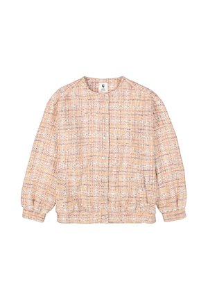 Boucle-jack in perzik met kleurrijke weving. Ronde kraag, met drukknoopsluiting aan de voorkant en gather sleeves. Zachte textuur, casual pasvorm.
