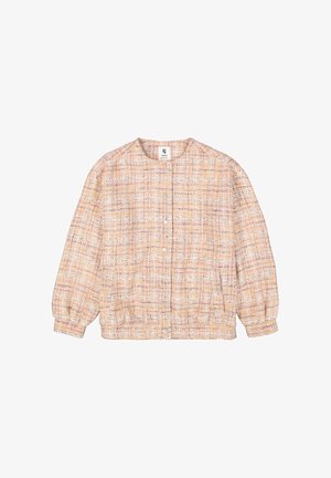 Veste en boucle pêche au tissage coloré. Col rond, fermeture à pression à l'avant et manches froncées. Texture douce, coupe décontractée.