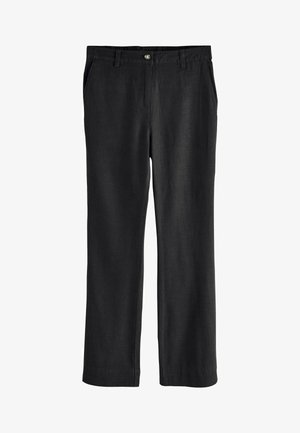 Fekete egyenes szárú nadrág elülső gombos és cipzáras záródással, övbújtatókkal és oldalzsebekkel.