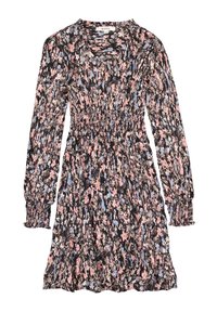 Sukienka w kwiaty z czarnym tłem, różowymi i niebieskimi wzorami, długimi rękawami, marszczonym stanem i falbaną na dole.