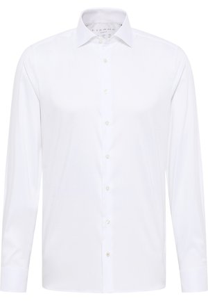 White long-sleeve dress shirt with a classic collar, button-down front, and soft texture. Features subtle stitching details and cream buttons.