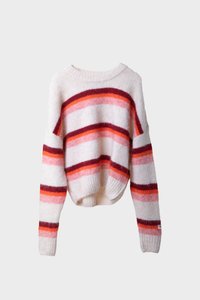 Cream knit sweater with horizontal stripes in dark red, orange, and pink, featuring a round neck and ribbed cuffs and hem.