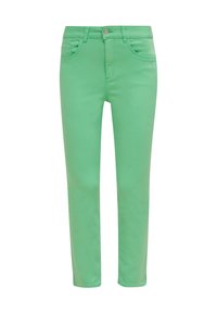 Jean slim vert en coton avec une texture lisse, dotée de poches avant et d'une fermeture à bouton unique à la taille.