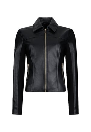 Giacca in pelle nera aderente con cerniera frontale, tasche laterali con zip, maniche lunghe e colletto appuntito.