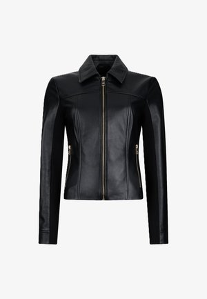 Giacca in pelle nera aderente con cerniera frontale, tasche laterali con zip, maniche lunghe e colletto appuntito.