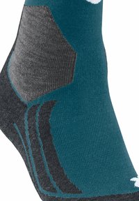 Türkisblaue und graue Socke mit strukturierten Bereichen, verstärktem Fersenbereich, geometrischen Mustern und Feuchtigkeitsableitendem Material für zusätzlichen Komfort.