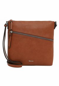 Borsa a tracolla in pelle marrone con finitura texturizzata, dotata di tasca con zip diagonale e tracolla regolabile. Logo impresso sul davanti.