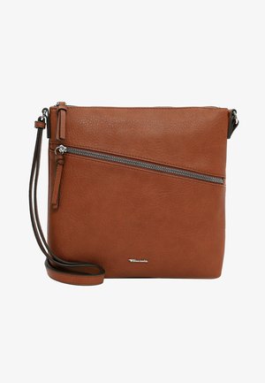 Brown leather crossbody bag with a textured finish, featuring a diagonal zip pocket and adjustable strap. Logo debossed on the front.