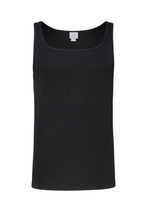 Sort ærmeløs top med firkantet halsudskæring, lavet af glat stof, med en lille hvid mærkelap inde i kraven.