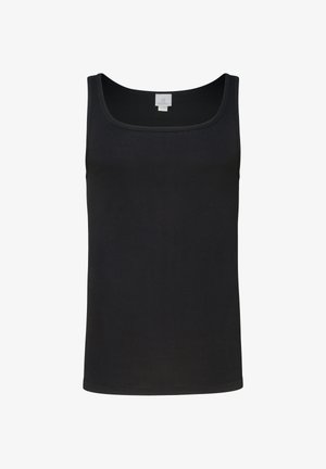 Sort ærmeløs top med firkantet halsudskæring, lavet af glat stof, med en lille hvid mærkelap inde i kraven.