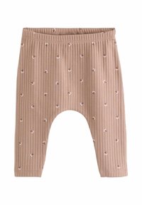 Hellbraune, gerippte Baby-Leggings mit kleinen rosa und dunkelbraunen Blumenmustern, elastischem Bund und lockerer Passform.