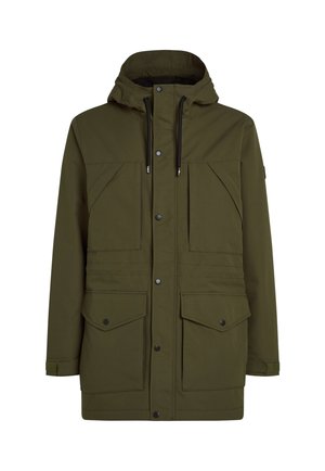 Veste imperméable vert olive avec capuche, dotée de deux grandes poches avant, de boutons-pression et de cordons de serrage réglables. Texture extérieure lisse.