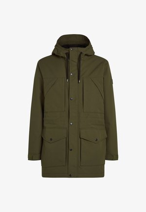 Olijfgroene waterdichte jas met een capuchon, voorzien van twee grote voorzakken, drukknoopsluitingen en verstelbare trekkoorden. Glad oppervlak.
