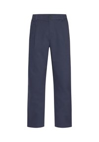 Navy blue pants made of woven fabric, featuring a button closure, belt loops, two front pockets, and straight-leg design.
