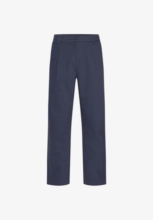 Marineblaue Hosen aus gewebtem Stoff, mit Knopfverschluss, Gürtelschlaufen, zwei Vordertaschen und geradem Bein.