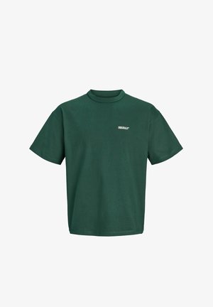 T-shirt vert foncé à manches courtes et col rond avec petit texte blanc "ORIGINALS" imprimé sur le côté gauche de la poitrine.