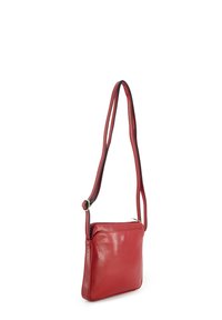 Red leather crossbody bag with adjustable shoulder strap and zippered top closure, shown against a white background.