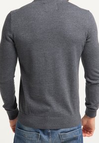Maglione grigio a maniche lunghe con scollatura e orlo a coste, che mostra una superficie morbida a maglia e un design aderente. Vista posteriore mostrata.