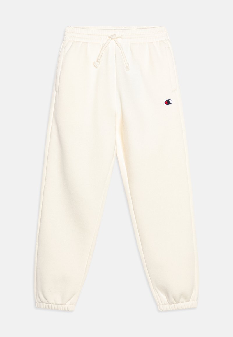 Crème-kleurige sweatpants gemaakt van zacht materiaal, met een elastische tailleband met trekkoord, ribgebreide boorden en een klein logo op de linkerdij.