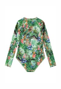 Långärmad baddräkt i grönt med ett flerfärgat tropiskt mönster, med leoparder och bladverk, texturerat material och en figurnära design.