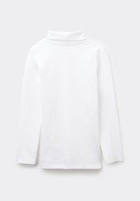 Bílá dlouhá tričko s rolákem vyrobené z jemné bavlny. Má přiléhavý střih s vysokým límcem a bezšvovou konstrukci ramen.