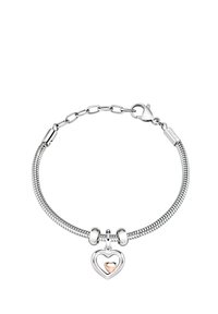 Bracciale d'argento con una catena a serpente flessibile, caratterizzato da un ciondolo a forma di cuore con un piccolo cuore in oro rosa incastonato all'interno. Chiusura a moschettone.