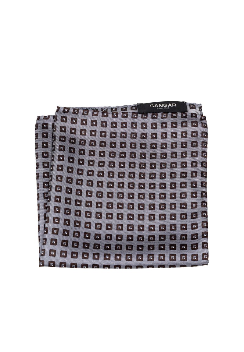 Hall põletav taskurätt hallis, millel on väikeste mustade ruutude muster valgete aktsentidega. Volditud ja pealne serv on tähistatud sildiga.