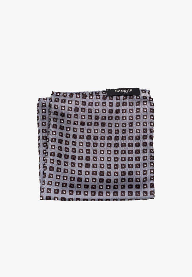 Hall põletav taskurätt hallis, millel on väikeste mustade ruutude muster valgete aktsentidega. Volditud ja pealne serv on tähistatud sildiga.