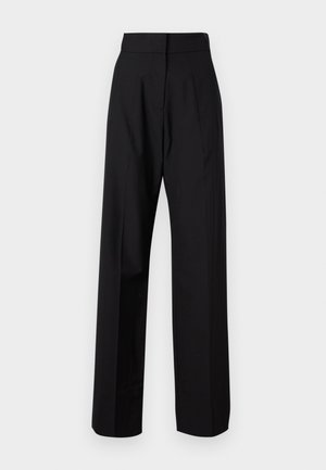 Pantalons noirs taille haute avec un design à jambes larges. Tissu lisse, coutures ajustées et sans accessoires ni motifs visibles.