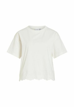 Baltas trumpomis rankovėmis palaidinė su banguotu apdailos kraštu ir subtiliu gėlių siuvinėjimu apatiniame krašte, apvalia iškirpte, laisvo silueto.