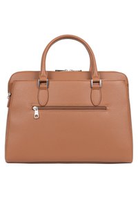 Borsa a mano in pelle color tan con superficie testurizzata, doppio manico superiore, un compartimento principale con zip e una tasca frontale con dettaglio zip.