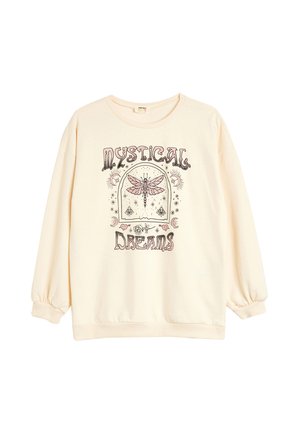Kremowy sweatshirt z długimi, bufiastymi rękawami. Ma graficzny nadruk ważki oraz napis "Mistyczne Marzenia" w czerni i różu.