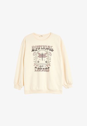 Cremefarvet sweatshirt med lange pufærmer. Har et grafisk tryk af en kærvflue og teksten "Mystical Dreams" i sort og pink.