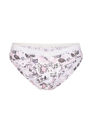 Slip bikini a fiori bianchi, con dettagli rosa e neri. Tessuto morbido e liscio con un elastico in vita per il massimo comfort.