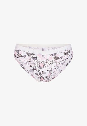 Slip bikini a fiori bianchi, con dettagli rosa e neri. Tessuto morbido e liscio con un elastico in vita per il massimo comfort.