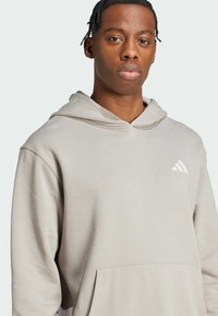 Ljusgrå hoodie gjord av mjukt tyg, med en framficka och en justerbar huva. På vänster bröst finns en vit Adidas-logotyp.