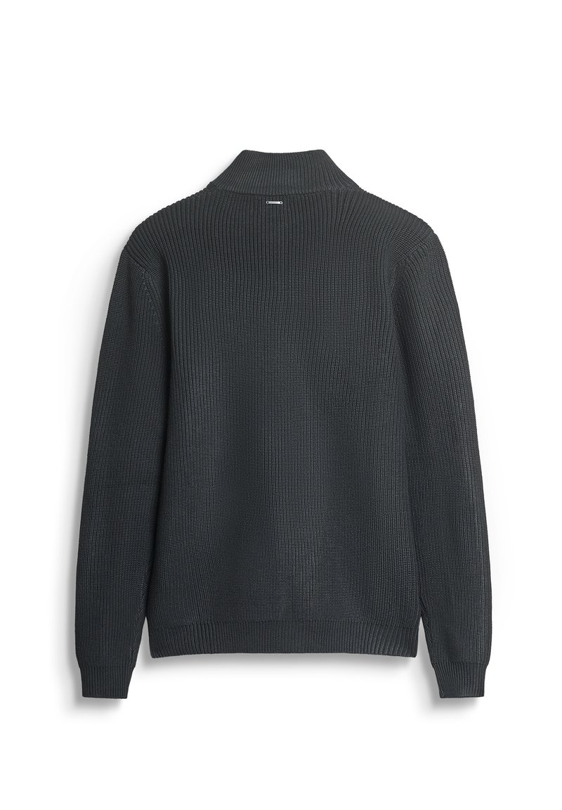 Donkergrijze, geribbelde gebreide trui met een kraag en lange mouwen. Beschikt over een gestructureerde stof en een klein label bij de kraag.