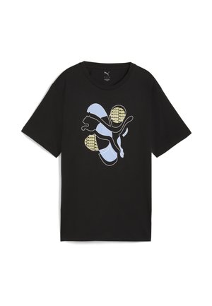 Sort bomulds t-shirt med et blåt Puma-logo og gule mønstrede accenter, korte ærmer, rund hals og en afslappet pasform.