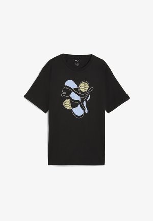 Sort bomulds t-shirt med et blåt Puma-logo og gule mønstrede accenter, korte ærmer, rund hals og en afslappet pasform.
