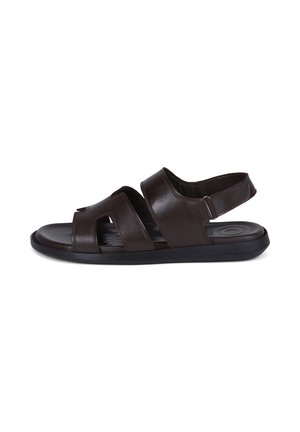 Dunkelbraune Herrensandale aus Leder mit offenen Zehen, verstellbarem Riemen und schwarzer gepolsterter Sohle.