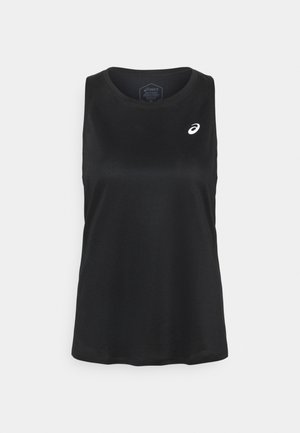 Sort ærmeløs atletisk top med rund hals og lille hvidt ASICS-logo på venstre bryst mod en ensfarvet lys baggrund.