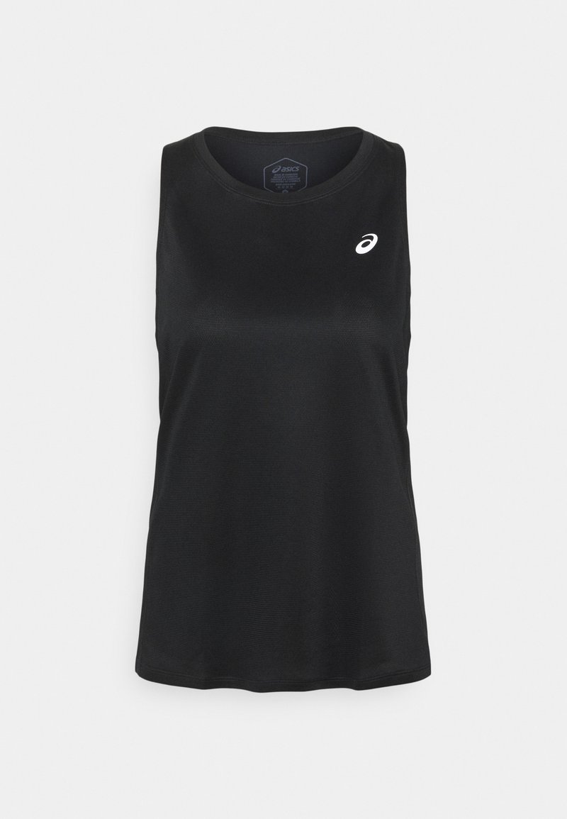 Haut de sport noir sans manches avec col rond et petit logo blanc ASICS sur la poitrine gauche sur un fond clair uni.