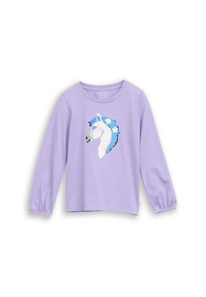 Lila kinderblouse met lange mouwen, elastische manchetten en een wit paardenhoofd met blauwe manen van pailletten aan de voorkant.