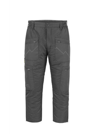 Dunkelgraue isolierte Outdoor-Hose mit mehreren knöpfbaren Taschen und elastischem Bund, von vorne gezeigt.