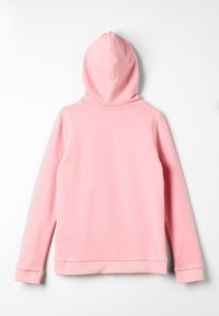 Felpa con cappuccio rosa in tessuto morbido. Caratterizzata da una tasca a marsupio, polsini a costine e una texture liscia. Mostrata vista posteriore.