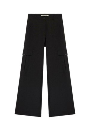 Zwarte cargo-broek met wijde pijpen, voorzakken, zijflapzakken en een knoopsluiting. Gemaakt van stevige, gestructureerde stof.