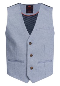 Gilet bleu clair en tissu texturé, avec un col en V, trois boutons, deux poches avant et une doublure intérieure à motifs.
