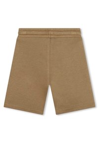 Pantaloni corti in cotone marrone con vita elastica, texture liscia e un design semplice e dritto. Senza tasche né decorazioni.